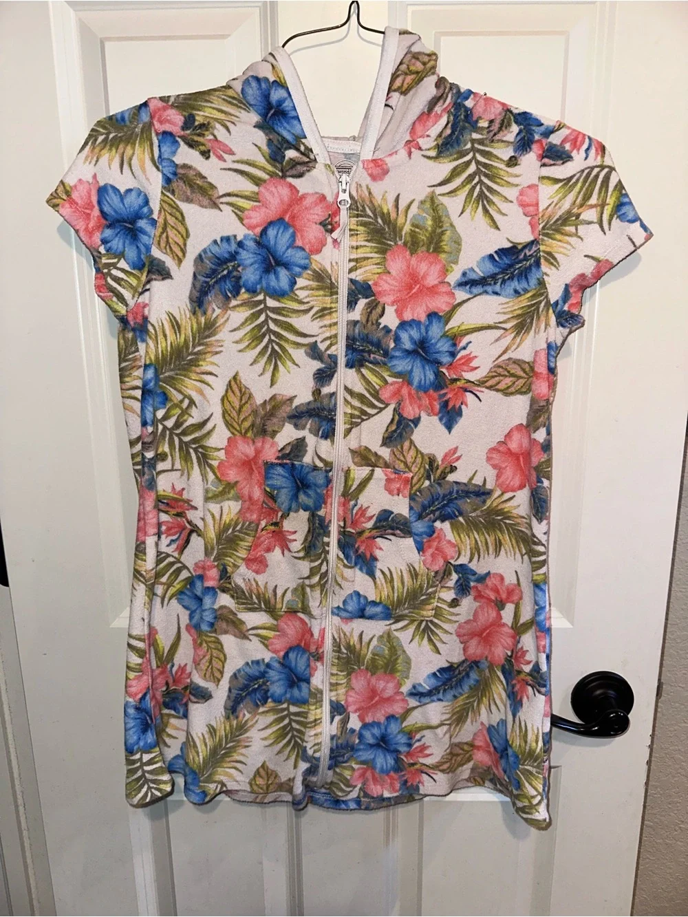 Wonder Nation White Hoodie Cover-Up with Pink, Blue & Green Floral Accents Sz L